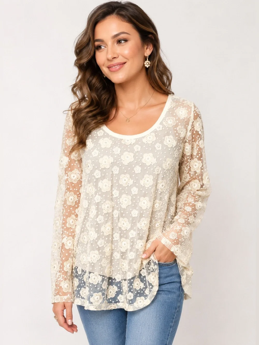 Anthropology Floral Pattern Long Sleeve Beige Blouse Lightweight  lining size M